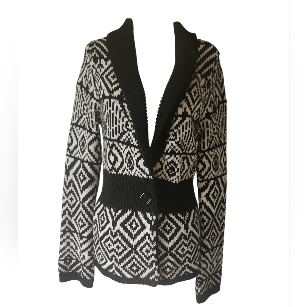 White House Black Market Black/White Geometric Button Front Cardigan Size S